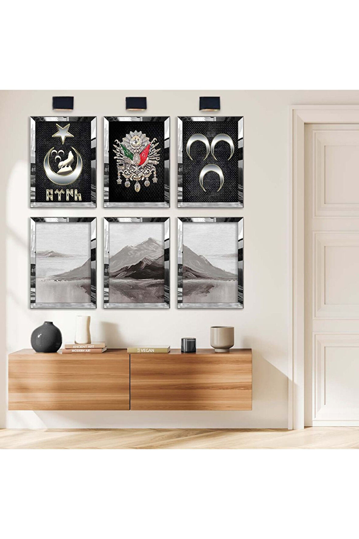 Gold Aynalı Pleksi Çerçeveli Osmanlı Tuğrası Ve Hilal Altılı Mdf Tablo Seti