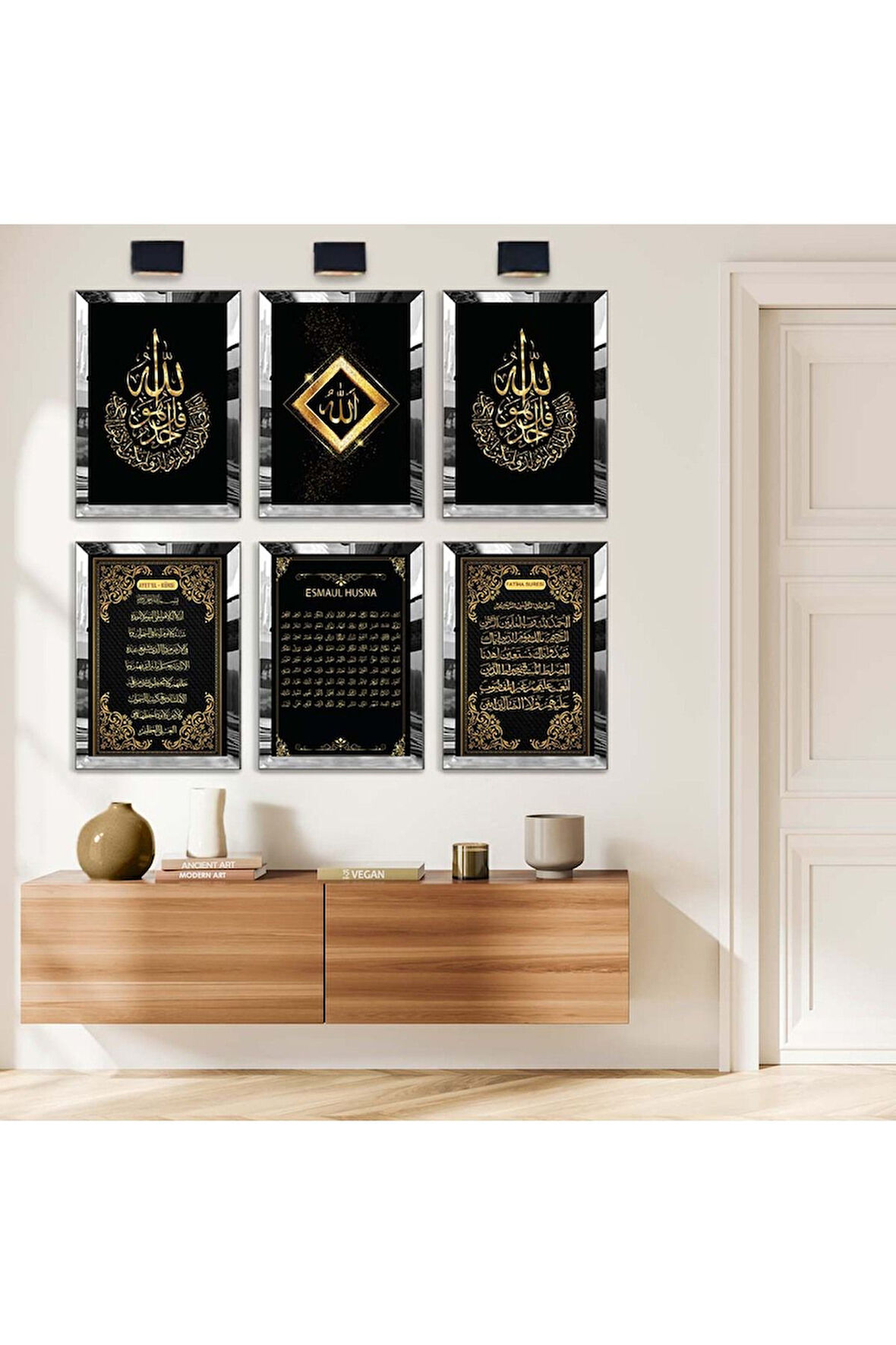 Gold Aynalı Pleksi Çerçeveli Fatiha Suresi Ve Ayetel Kürsi Dini Model Altılı Mdf Tablo Seti