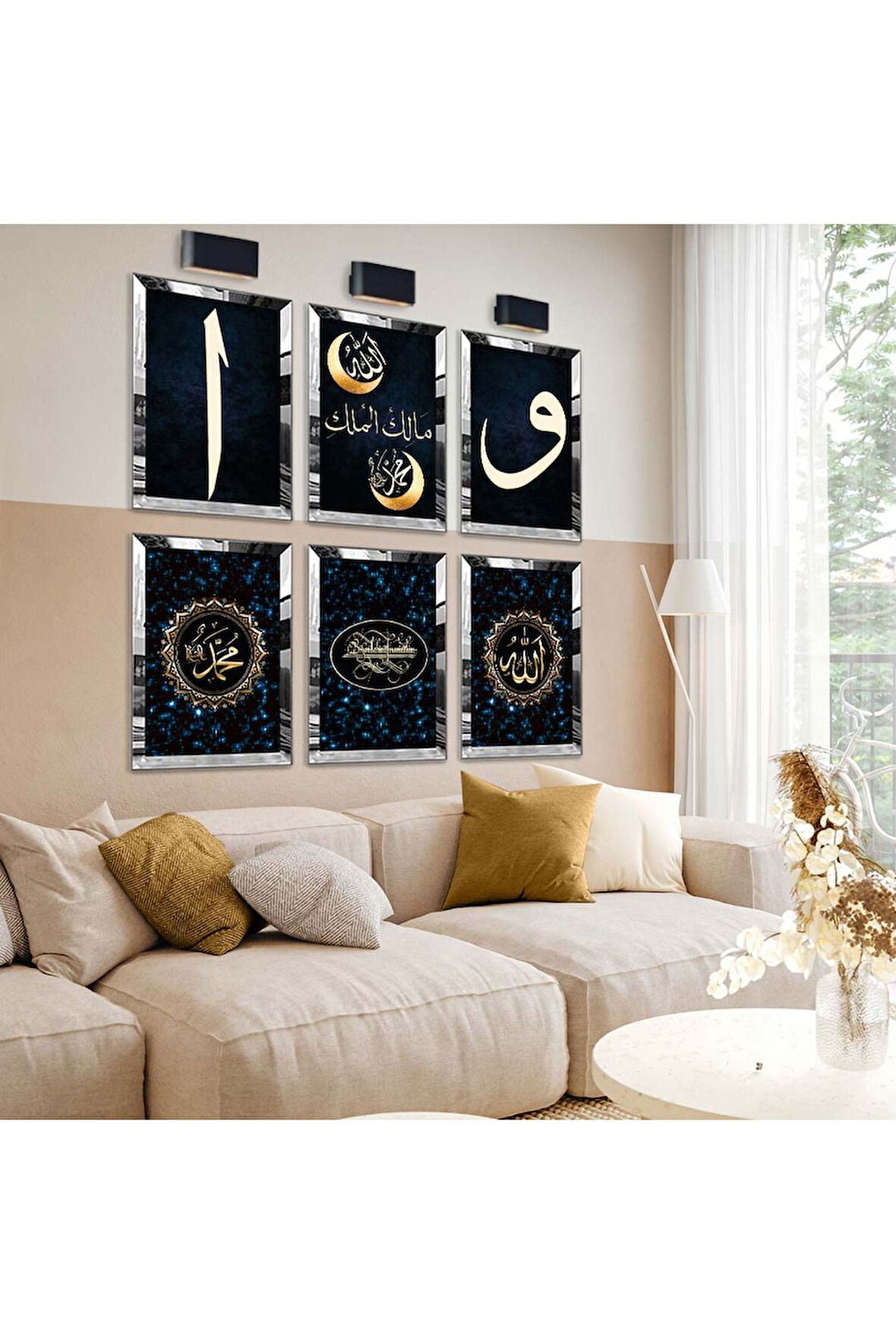 Gümüş Aynalı Pleksi Çerçeveli Mavi Besmele Ve Elif Vav Dini Model Altılı Mdf Tablo Seti