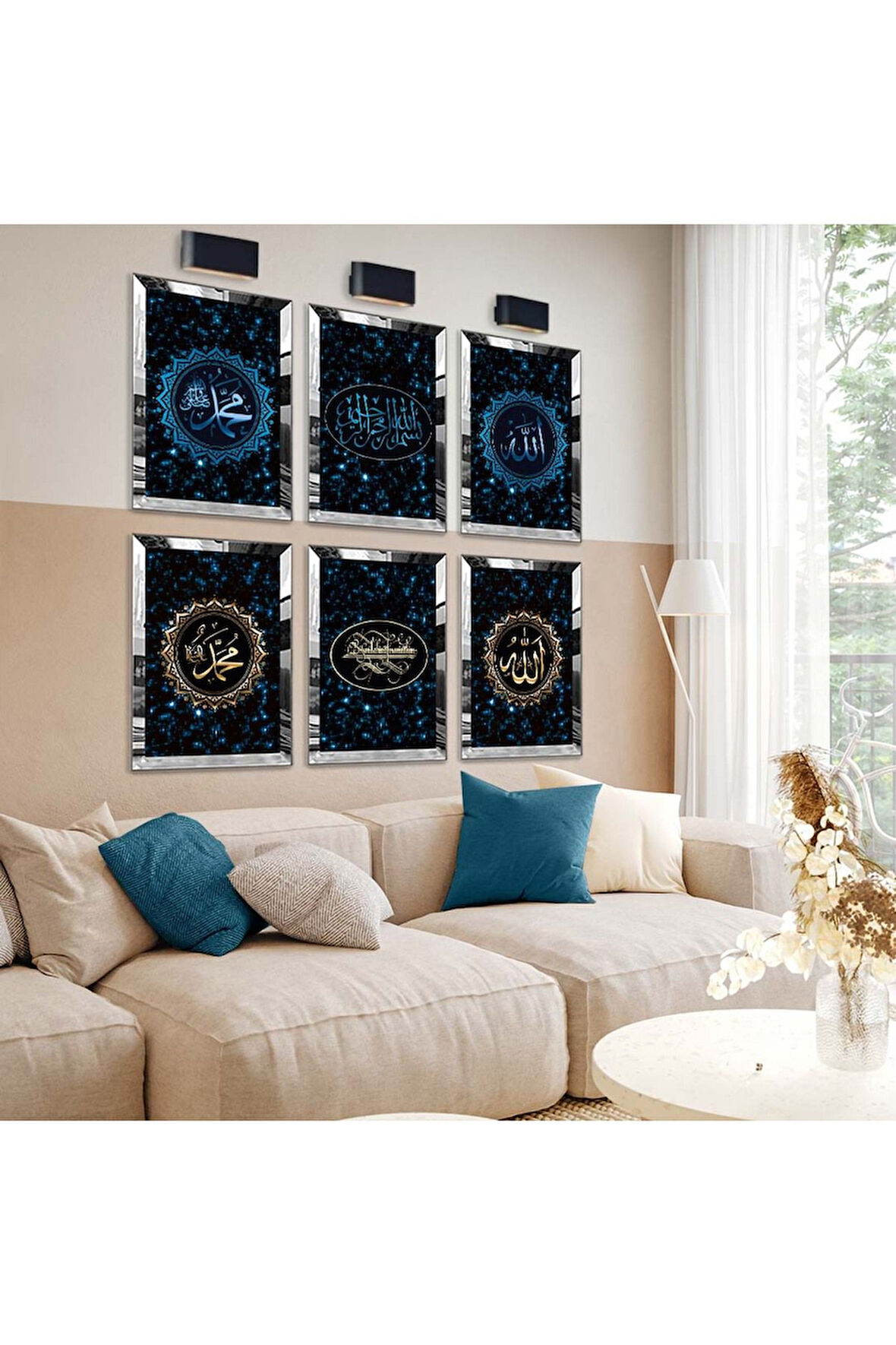 Gümüş Aynalı Pleksi Çerçeveli Mavi Besmele Dini Model Altılı Mdf Tablo Seti