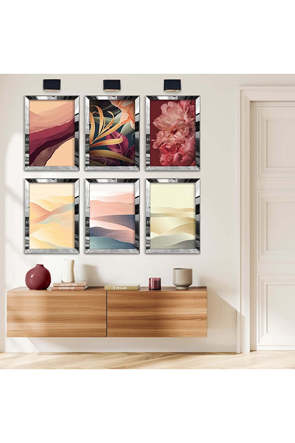 Gold Aynalı Pleksi Çerçeveli Modern Çizim Soft Tema Altılı Mdf Tablo Seti