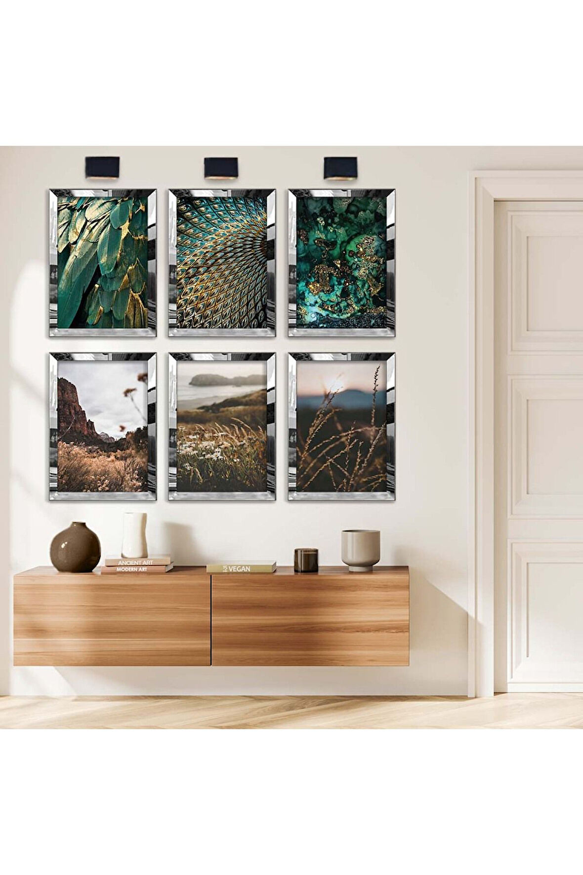 Gold Aynalı Pleksi Çerçeveli Kuş Tüyü Ve Doğa Altılı Mdf Tablo Seti