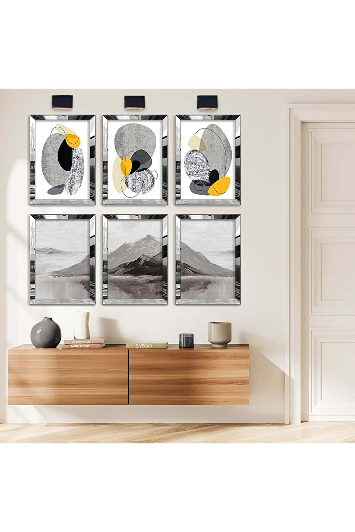 Gold Aynalı Pleksi Çerçeveli Modern Çizim Ve Dağ Tema Altılı Mdf Tablo Seti
