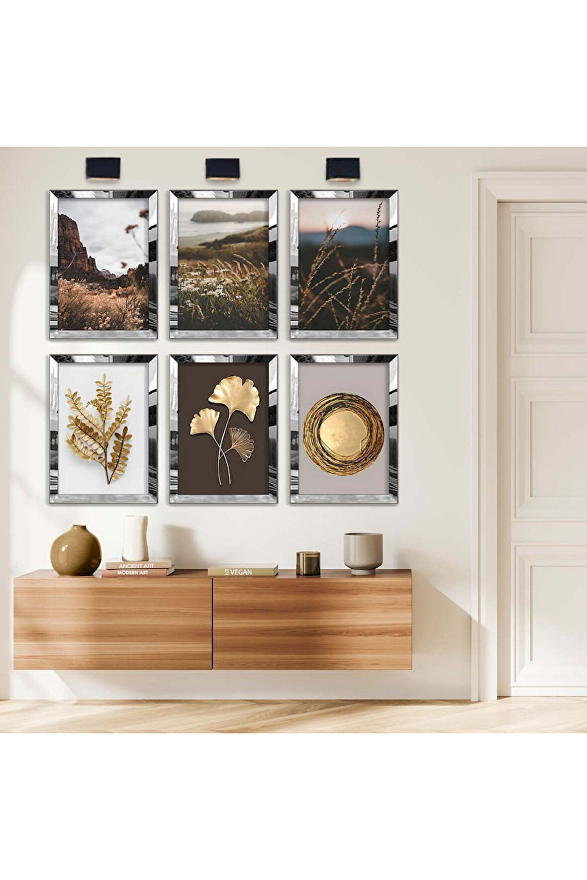Gold Aynalı Pleksi Çerçeveli Doğa Tema Ve Gold Çiçek Altılı Mdf Tablo Seti