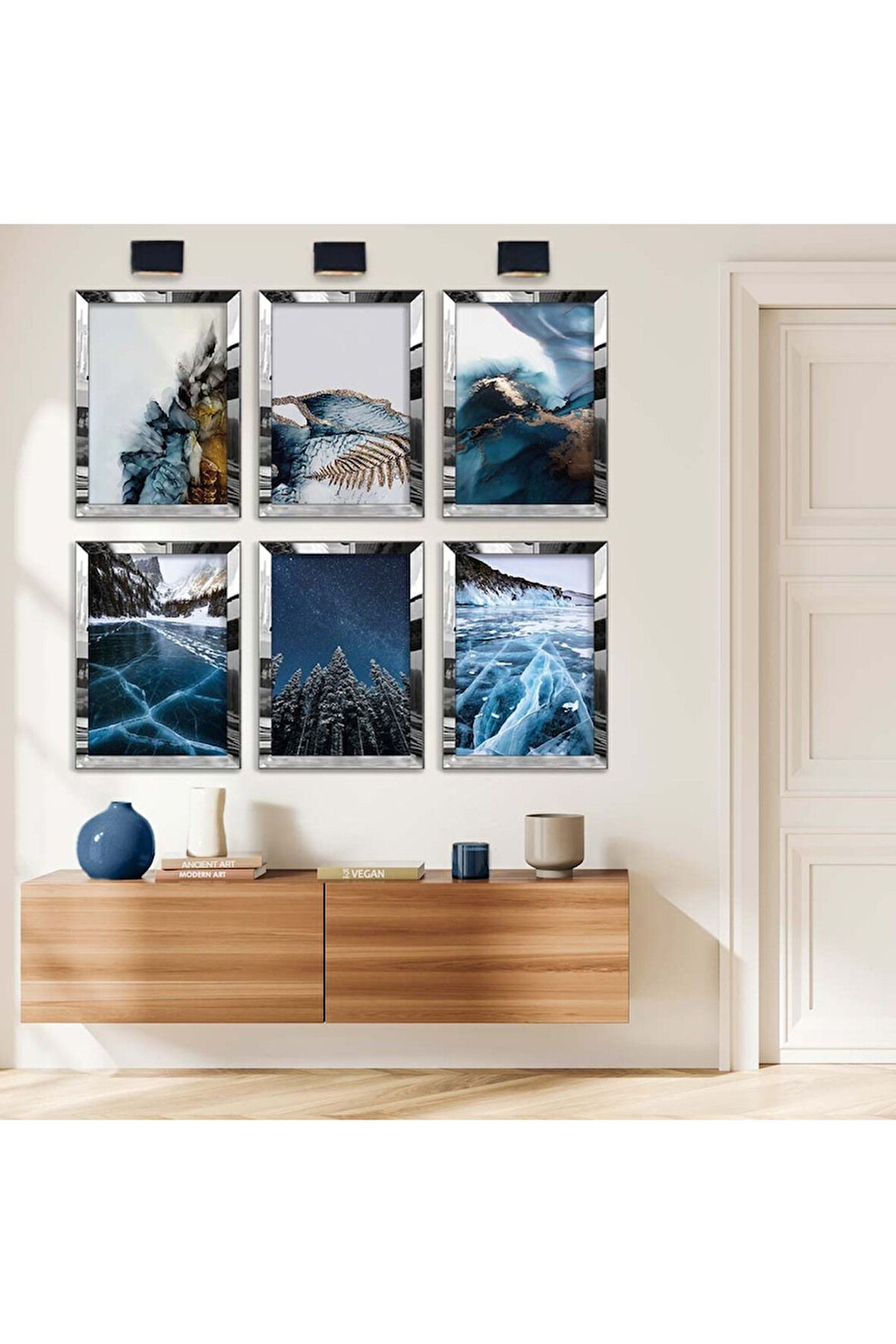 Gold Aynalı Pleksi Çerçeveli Doğa Manzara Ve Mavi Tema Altılı Mdf Tablo Seti