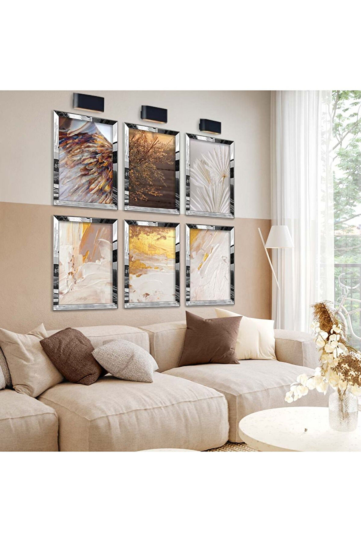 Gümüş Aynalı Pleksi Çerçeveli Kuru Yapraklar Altılı Mdf Tablo Seti