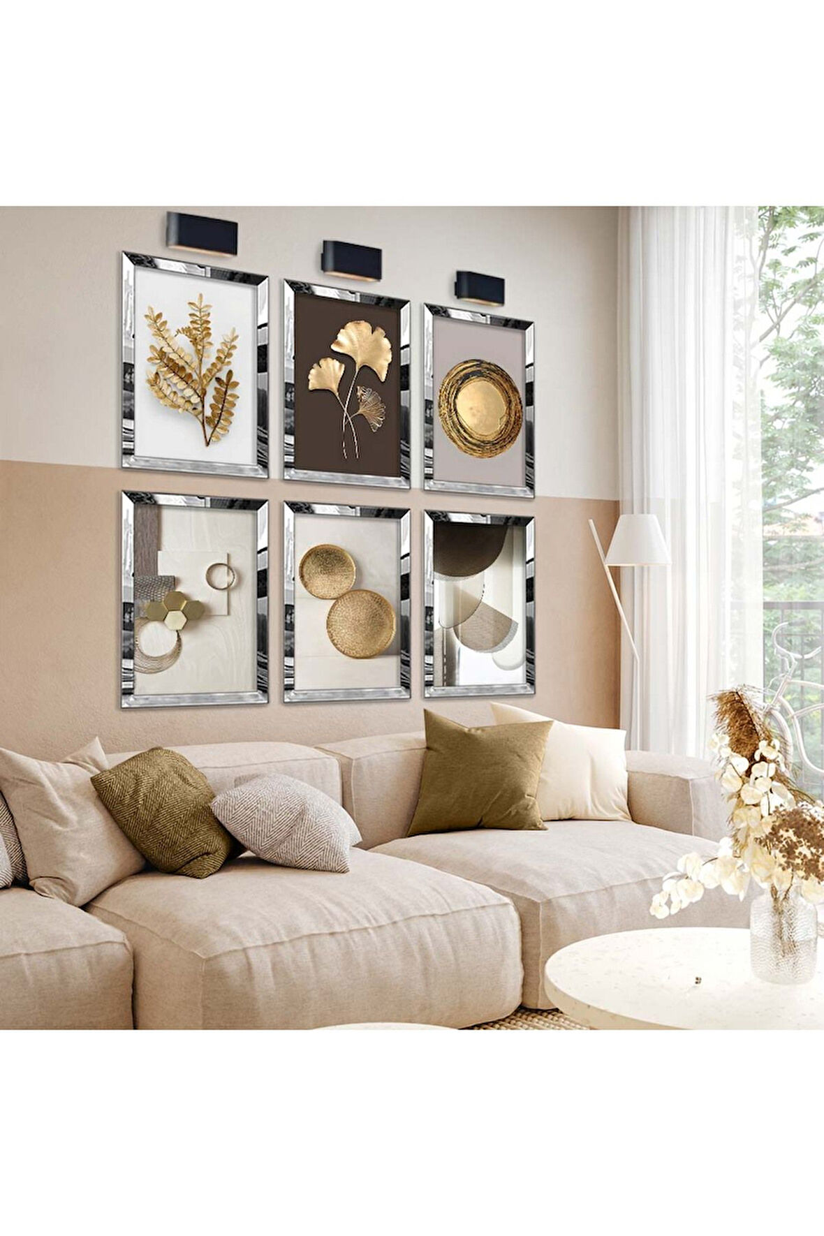 Gümüş Aynalı Pleksi Çerçeveli Gold Yaprak Ve Çiçek Altılı Mdf Tablo Seti