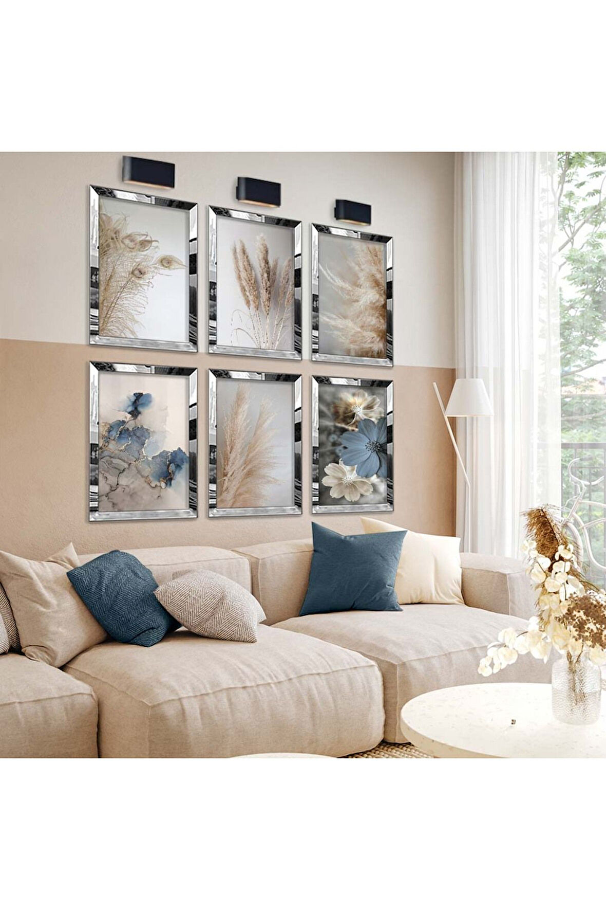 Gümüş Aynalı Pleksi Çerçeveli Kurutulmuş Çiçek Ve Dallar Altılı Mdf Tablo Seti