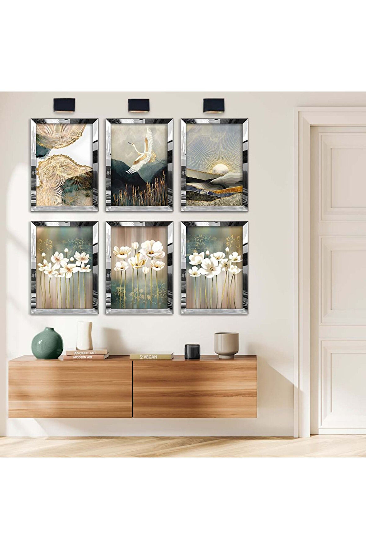 Gold Aynalı Pleksi Çerçeveli Beyaz Çiçekler Ve Kuş Figürü Altılı Mdf Tablo Seti