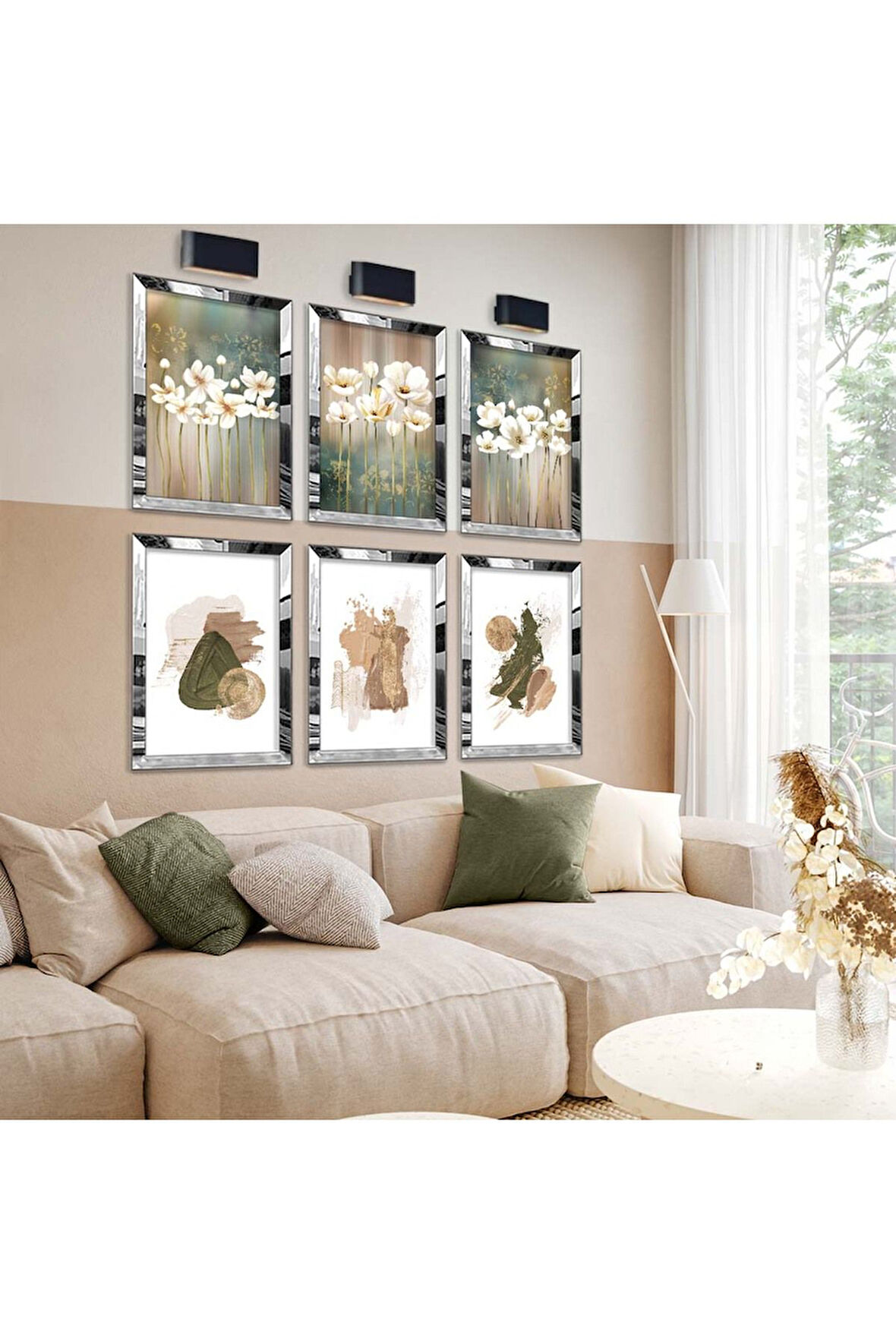 Gümüş Aynalı Pleksi Çerçeveli Kolaj Çizim Ve Beyaz Çiçekler Altılı Mdf Tablo Seti