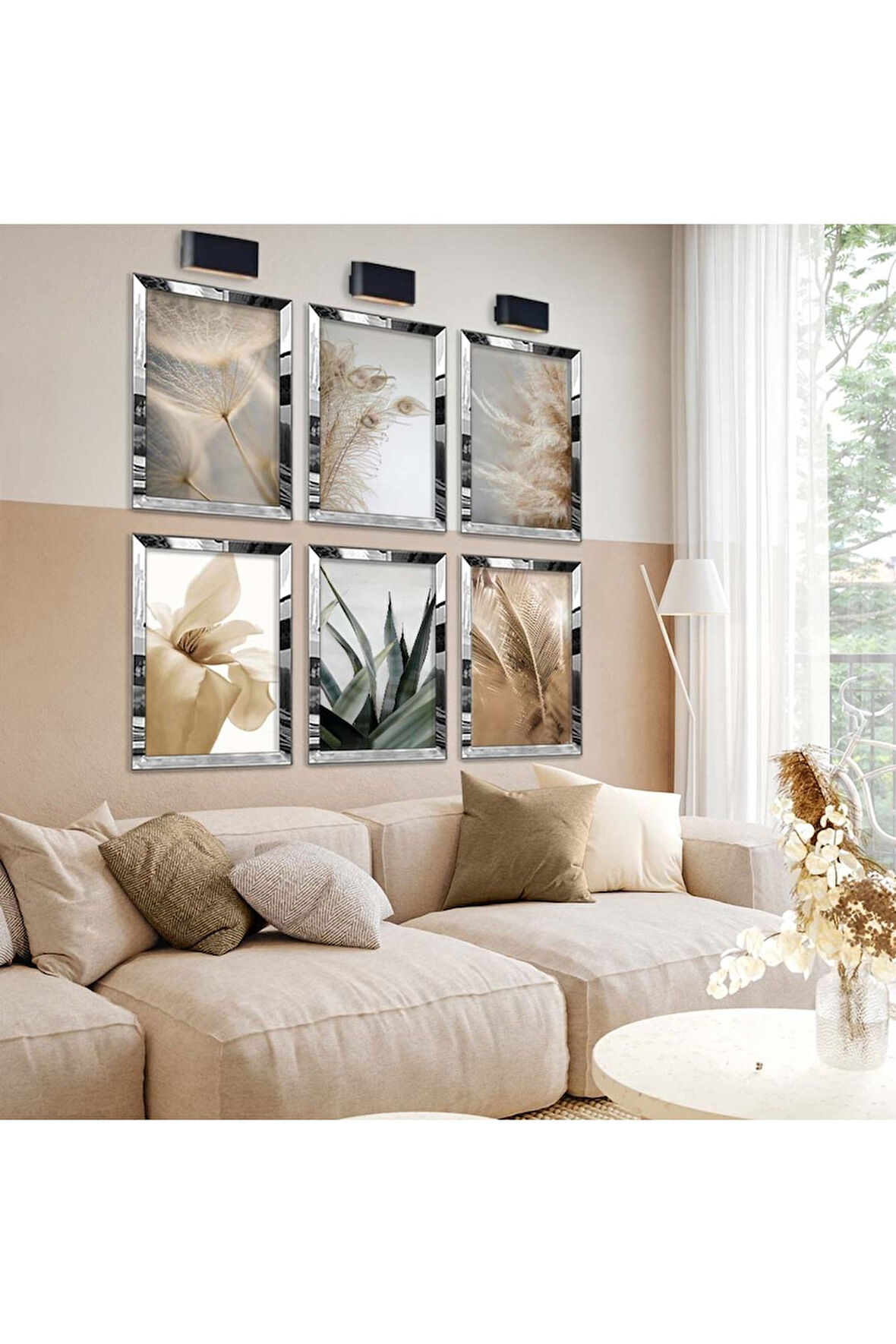 Gümüş Aynalı Pleksi Çerçeveli Kuru Dallar Ve Çiçekler Altılı Mdf Tablo Seti