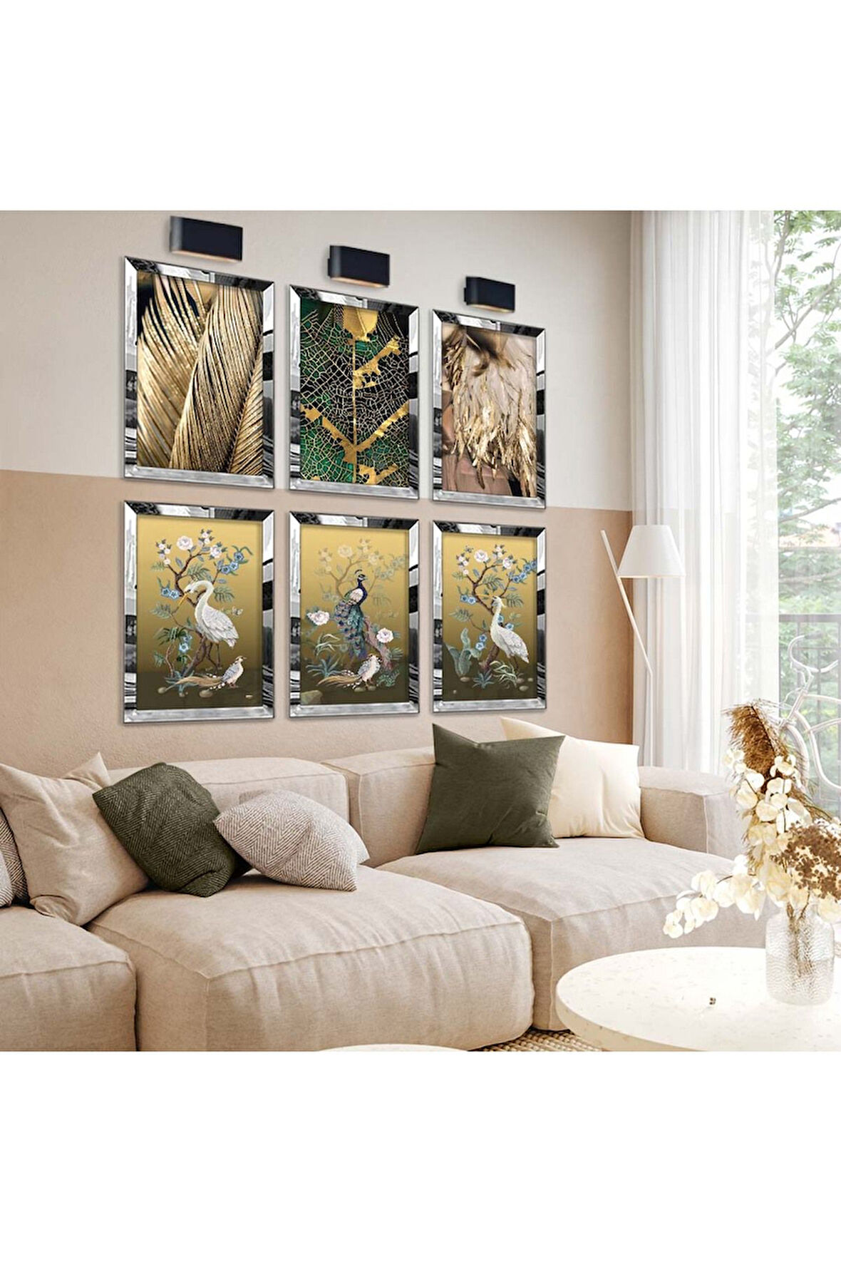 Gümüş Aynalı Pleksi Çerçeveli Doğa Manzaralı Ve Kuş Figürlü Altılı Mdf Tablo Seti