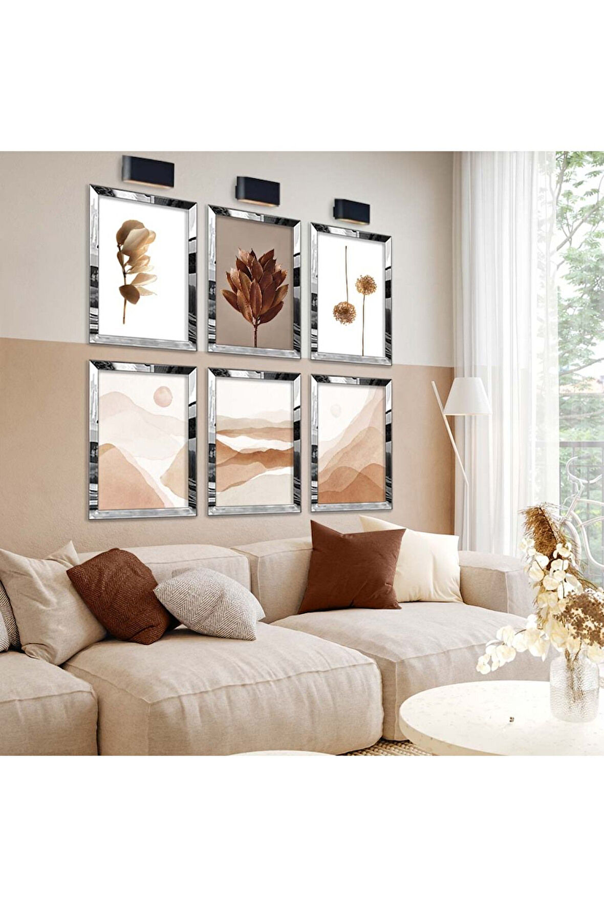 Gümüş Aynalı Pleksi Çerçeveli Kolaj Çizim Ve Kuru Çiçek Altılı Mdf Tablo Seti