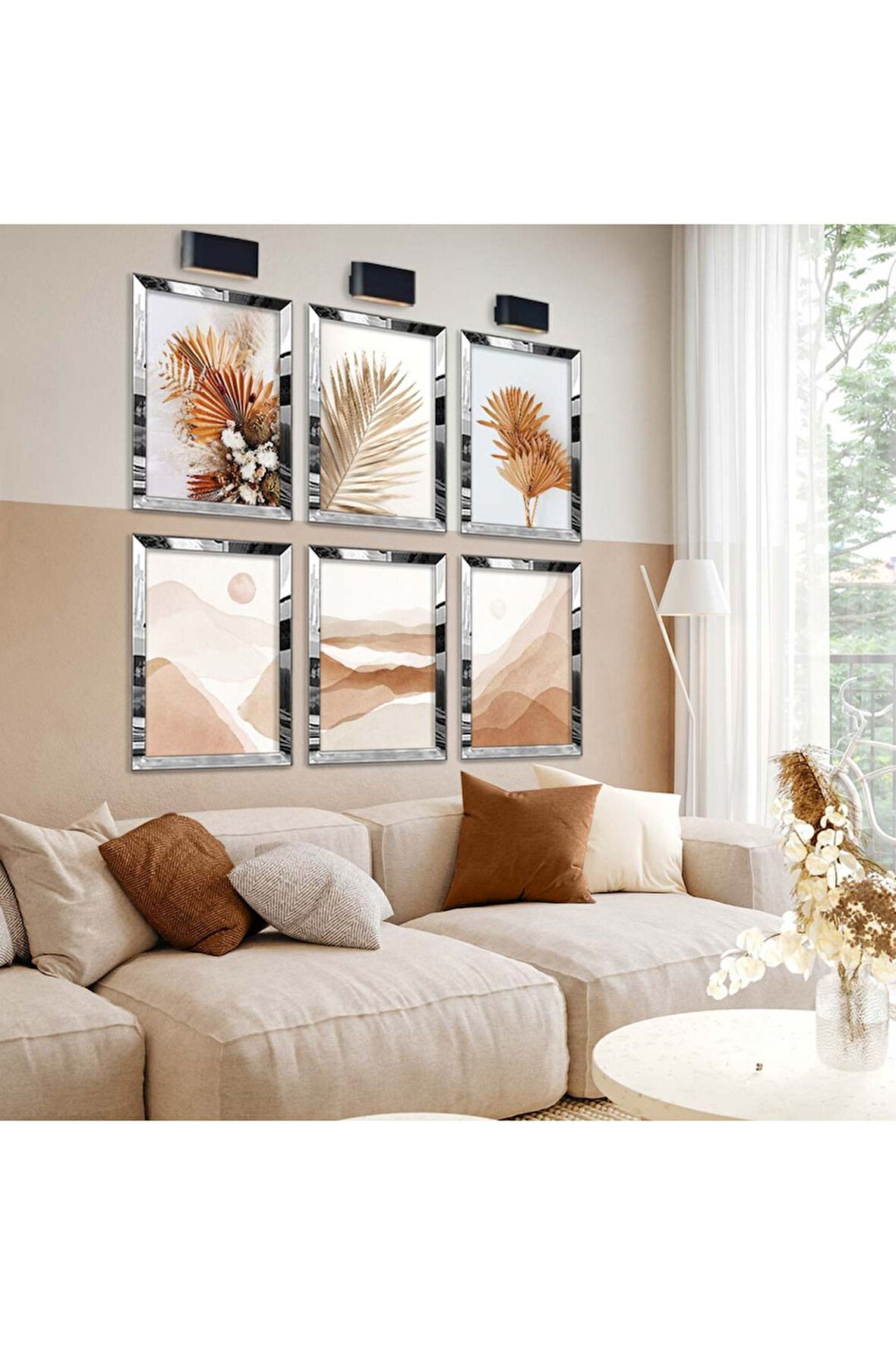 Gümüş Aynalı Pleksi Çerçeveli Kolaj Çizim Ve Yaprak Desen Altılı Mdf Tablo Seti