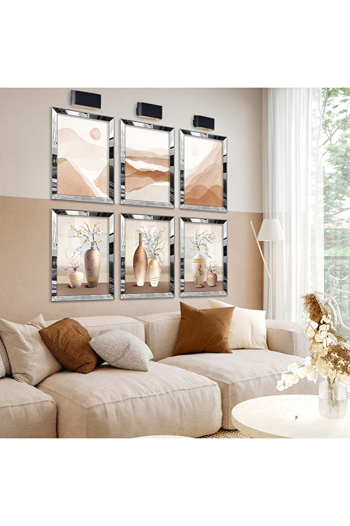 Gümüş Aynalı Pleksi Çerçeveli Vazodaki Çiçekler Ve Soft Tema Altılı Mdf Tablo Seti