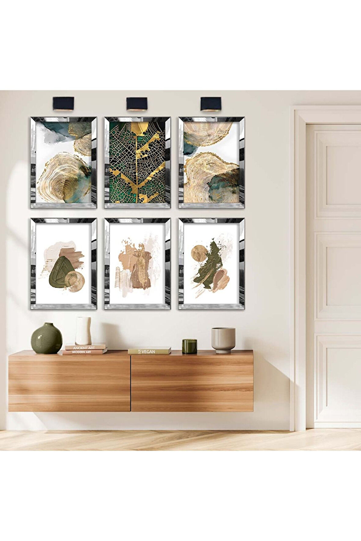 Gold Aynalı Pleksi Çerçeveli Soyut Tema Modern Çizim Altılı Mdf Tablo Seti