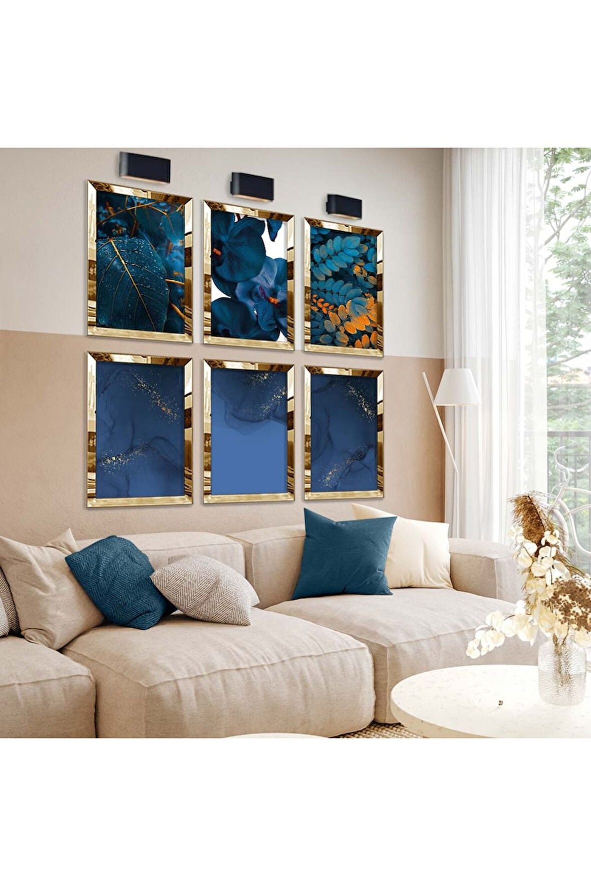 Gold Aynalı Pleksi Çerçeveli Mavi Çiçek Ve Yaprak Altılı Mdf Tablo Seti