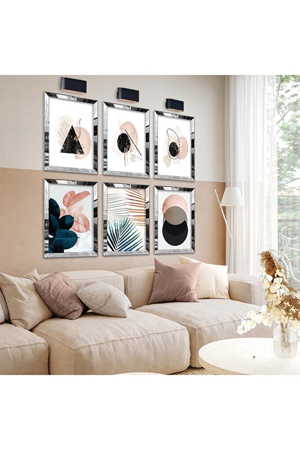 Gümüş Aynalı Pleksi Çerçeveli Geometrik Çizim Soyut Tema Altılı Mdf Tablo Seti