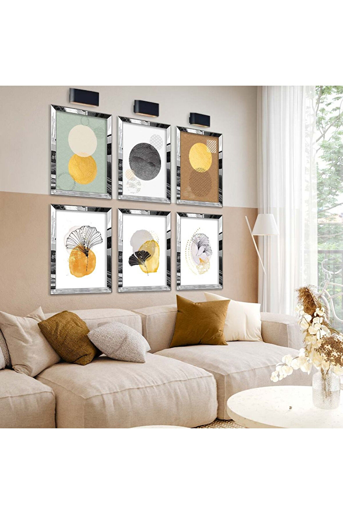 Gümüş Aynalı Pleksi Çerçeveli Geometrik Çizim Ve Çiçek Desen Altılı Mdf Tablo Seti