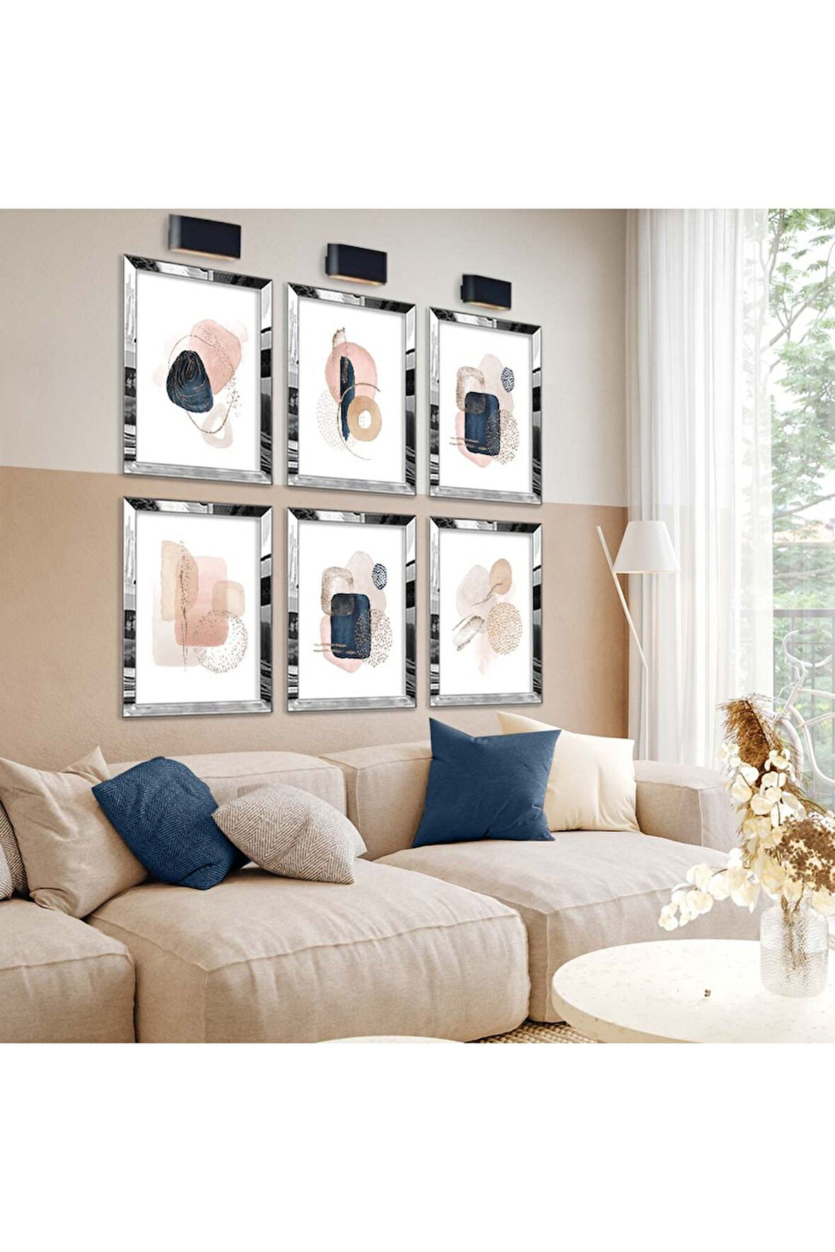 Gümüş Aynalı Pleksi Çerçeveli Kolaj Çizim Soyut Tema Altılı Mdf Tablo Seti
