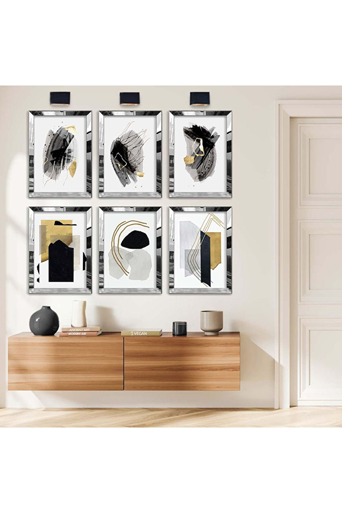 Gold Aynalı Pleksi Çerçeveli Modern Çizim Ve Soyut Tema Altılı Mdf Tablo Seti