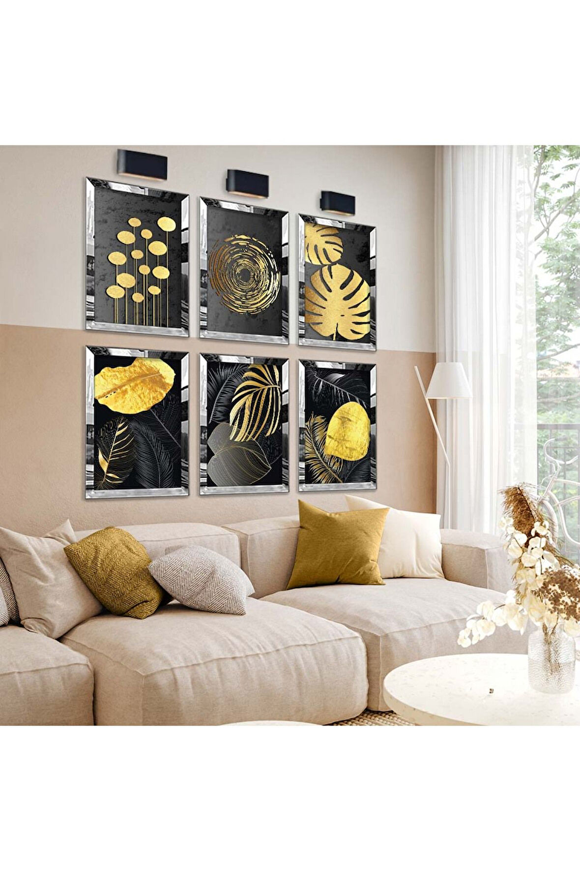 Gümüş Aynalı Pleksi Çerçeveli Gold Yaprak Ve Çiçek Desen Altılı Mdf Tablo Seti