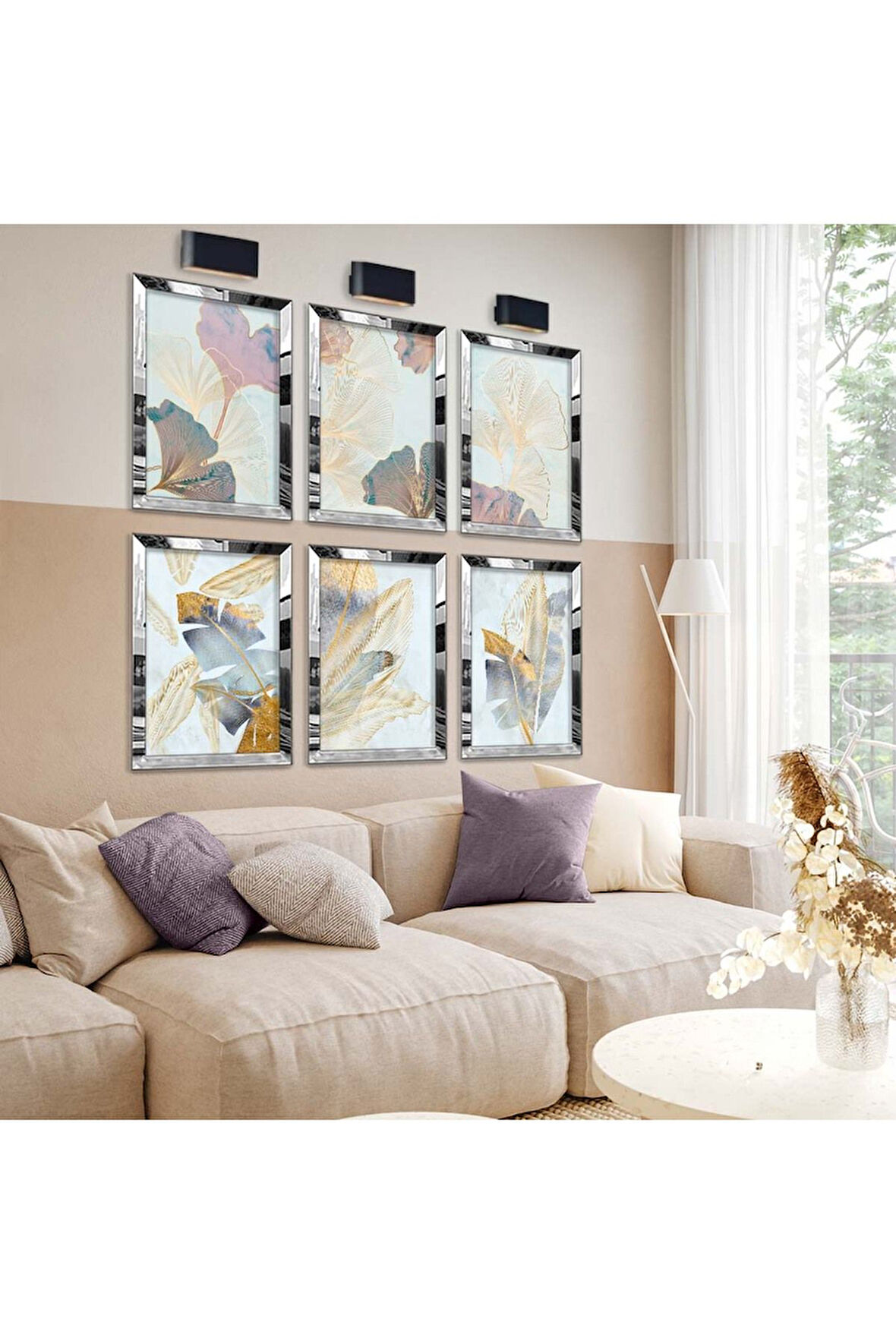 Gümüş Aynalı Pleksi Çerçeveli Modern Çizim Çiçek Desen Altılı Mdf Tablo Seti