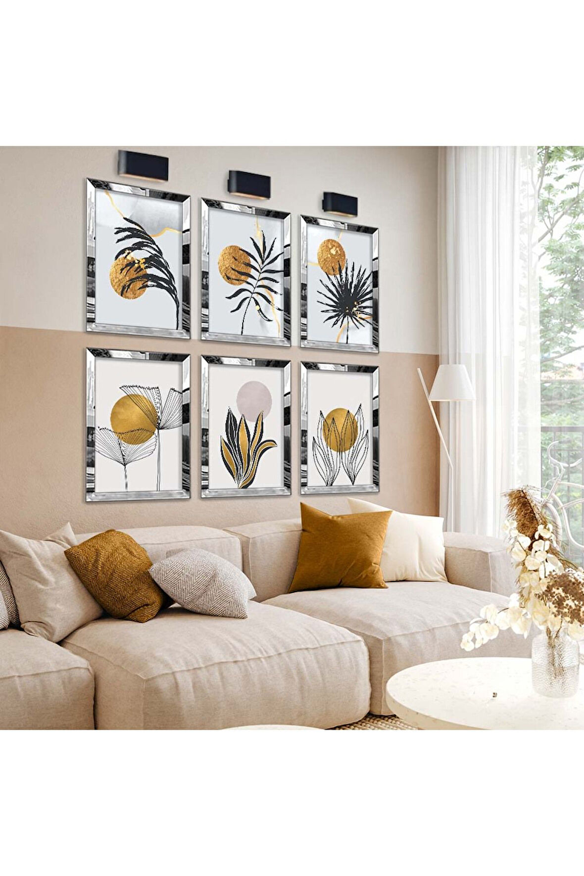 Gümüş Aynalı Pleksi Çerçeveli Modern Çizim Çiçek Ve Yaprak Desen Altılı Mdf Tablo Seti