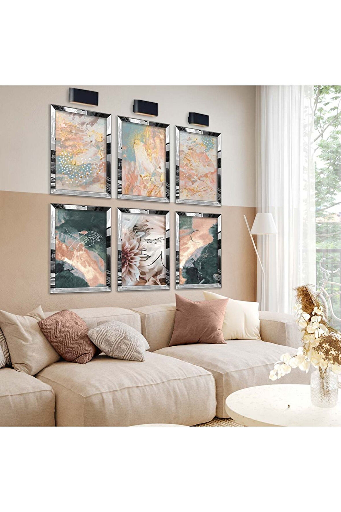 Gümüş Aynalı Pleksi Çerçeveli Soyut Tema Modern Çizim Altılı Mdf Tablo Seti