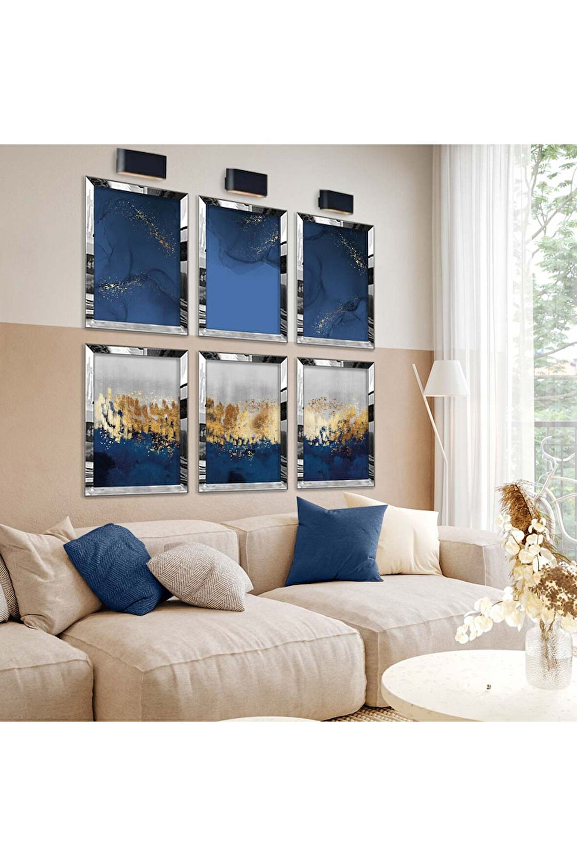 Gümüş Aynalı Pleksi Çerçeveli Kolaj Çizim Mavi Tema Altılı Mdf Tablo Seti