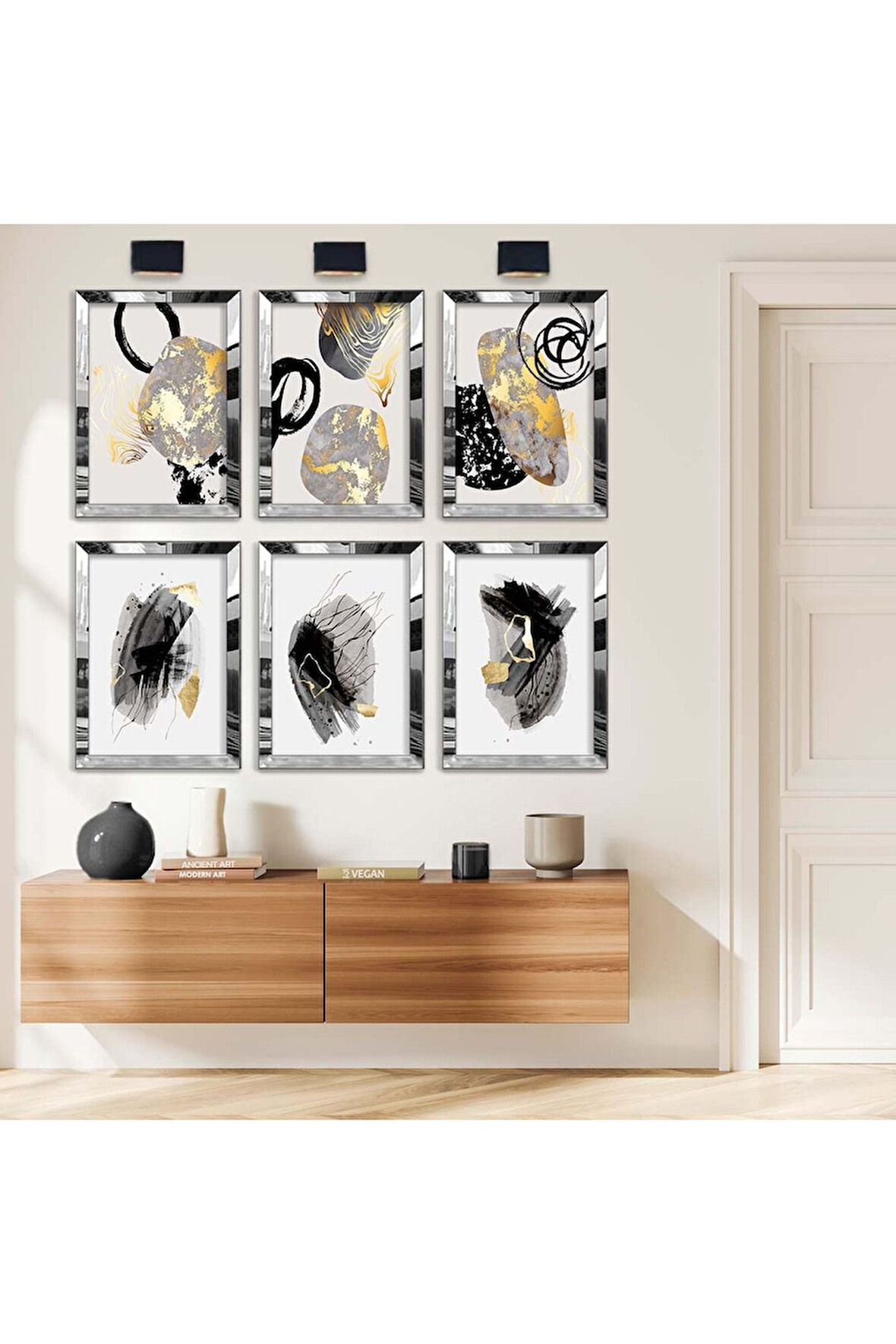 Gold Aynalı Pleksi Çerçeveli Kolaj Çizim Modern Tema Altılı Mdf Tablo Seti