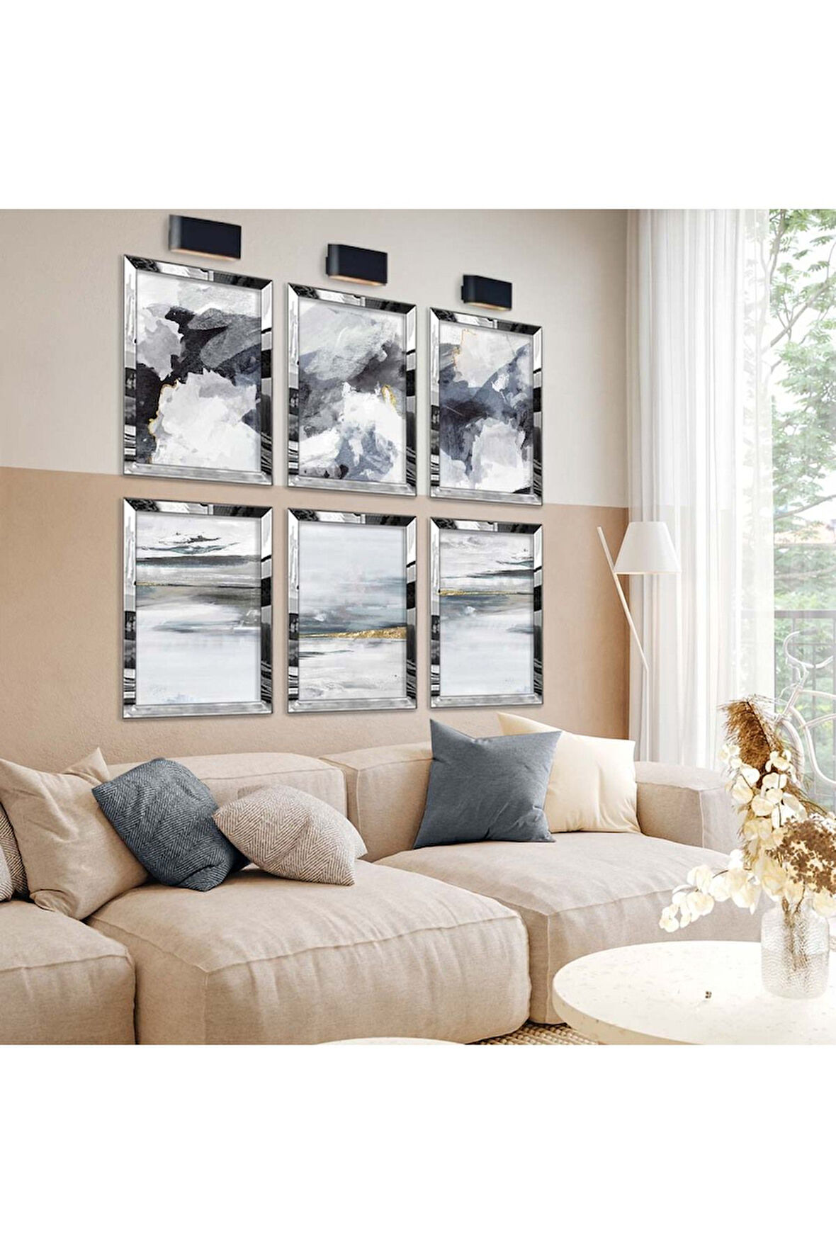 Gümüş Aynalı Pleksi Çerçeveli Soyut Gri Çizim Altılı Mdf Tablo Seti