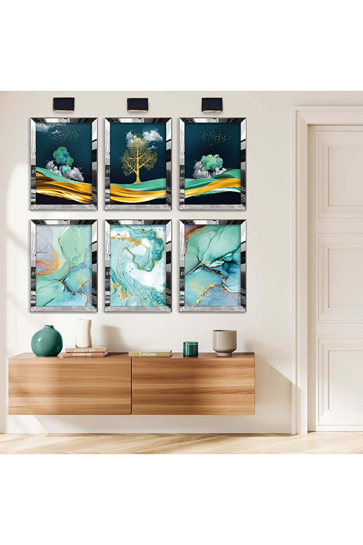 Gold Aynalı Pleksi Çerçeveli Kolaj Çizim Doğa Figür Ve Turkuaz Tema Altılı Mdf Tablo Seti