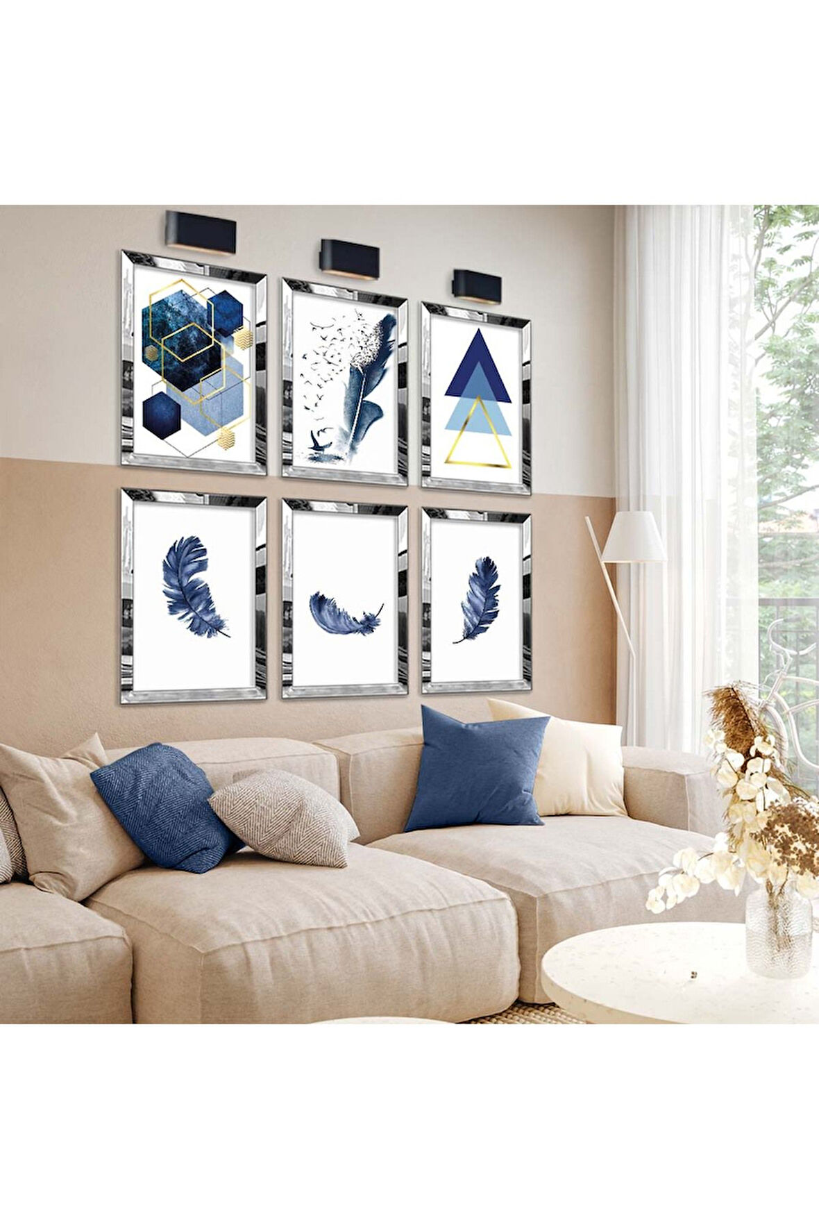 Gümüş Aynalı Pleksi Çerçeveli Mavi Tüy Ve Geometrik Desen Altılı Mdf Tablo Seti