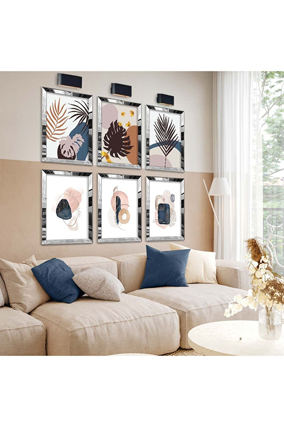 Gümüş Aynalı Pleksi Çerçeveli Modern Çizim Yaprak Ve Soyut Tema Altılı Mdf Tablo Seti