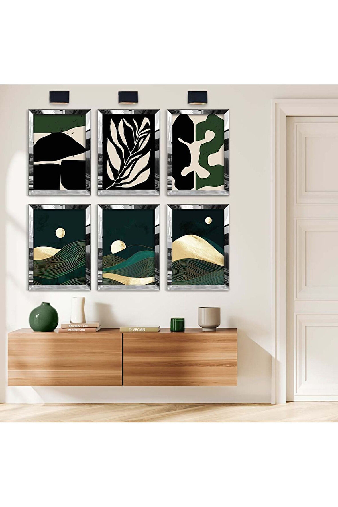 Gold Aynalı Pleksi Çerçeveli Kolaj Yeşil Yaprak Çizim Soyut Tema Altılı Mdf Tablo Seti