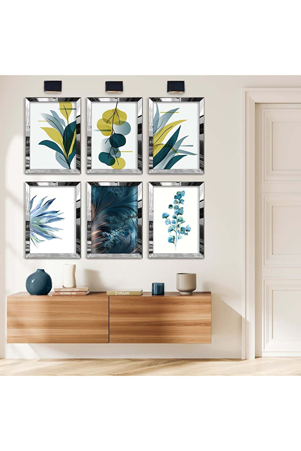 Gold Aynalı Pleksi Çerçeveli Modern Çizim Çiçek Ve Yaprak Desen Altılı Mdf Tablo Seti