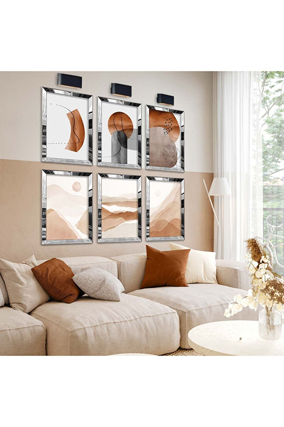 Gümüş Aynalı Pleksi Çerçeveli Geometrik Çizim Ve Natürel Tema Altılı Mdf Tablo Seti