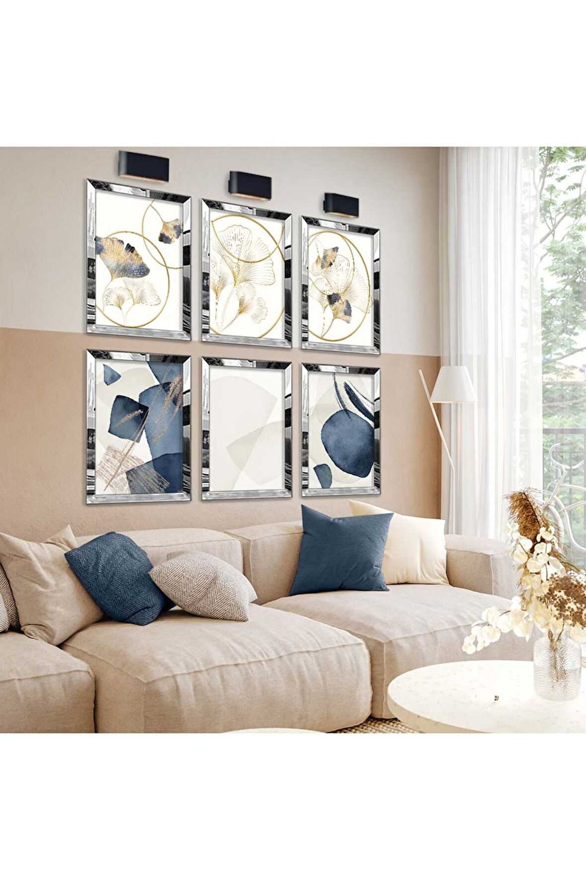 Gümüş Aynalı Pleksi Çerçeveli Modern Çizim Çiçek Ve Soyut Tema Altılı Mdf Tablo Seti