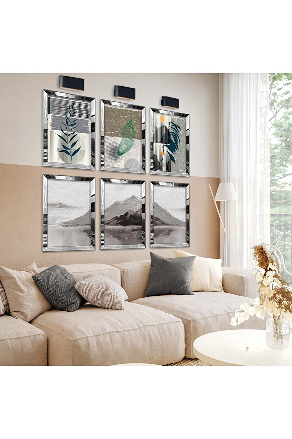 Gümüş Aynalı Pleksi Çerçeveli Modern Çizim Dağ Figür Altılı Mdf Tablo Seti