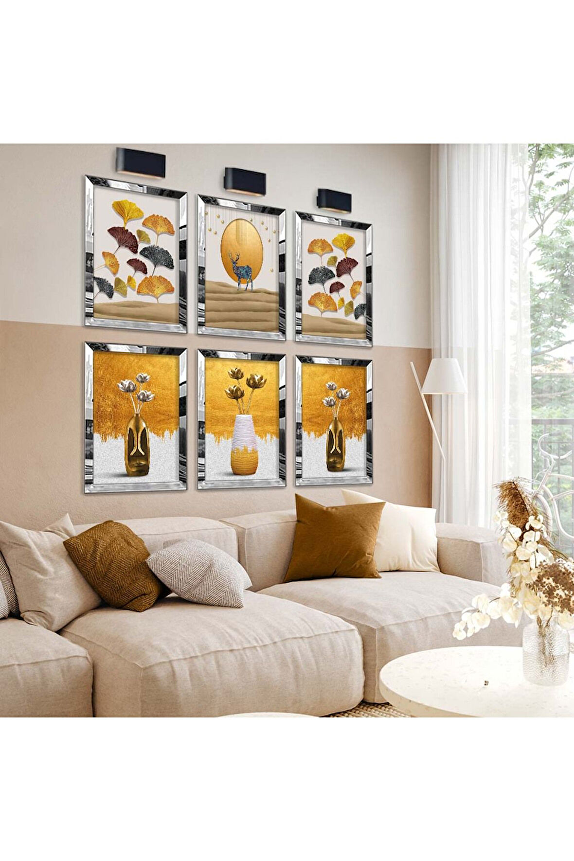 Gümüş Aynalı Pleksi Çerçeveli Modern Çizim Çiçek Figür Altılı Mdf Tablo Seti