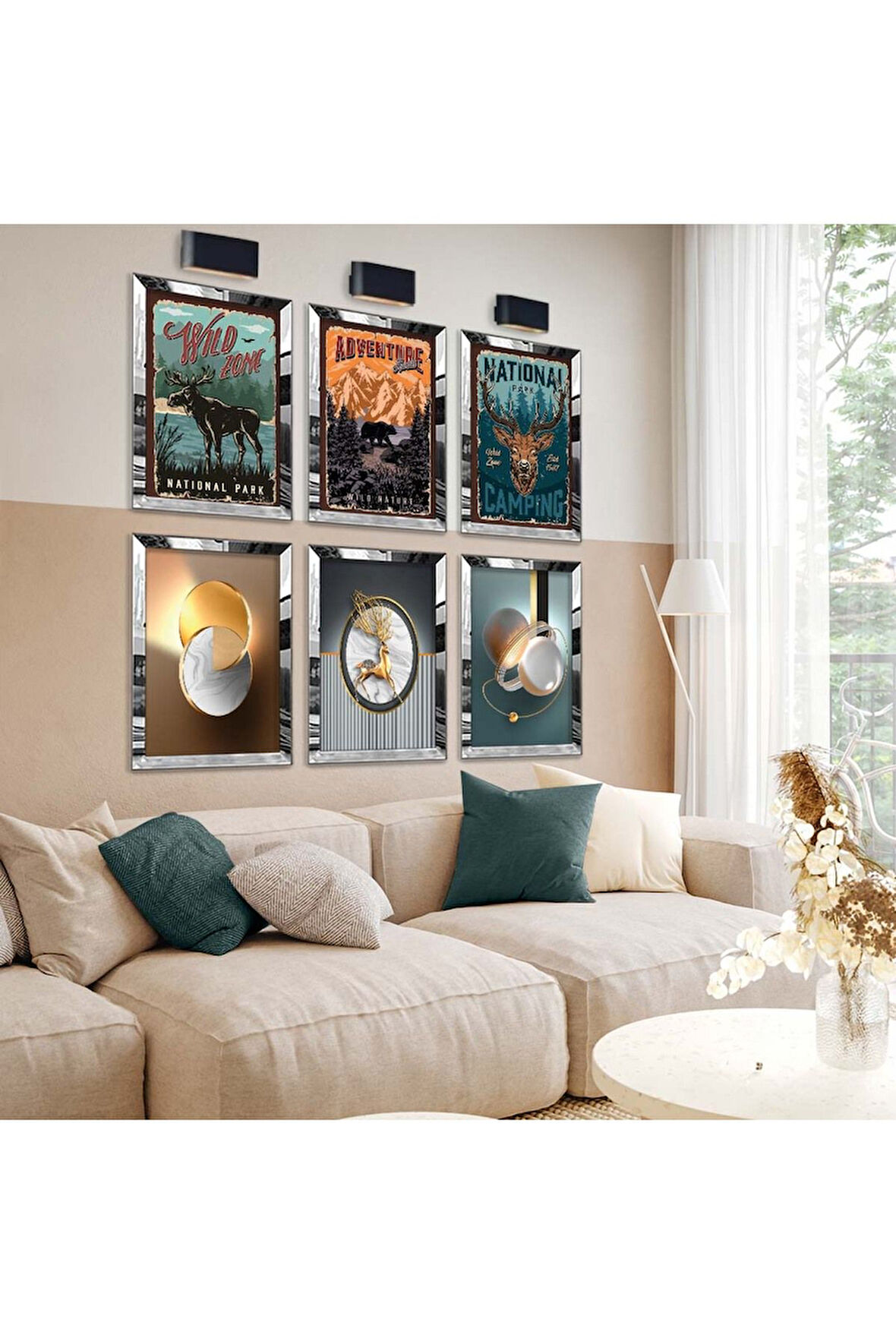Gümüş Aynalı Pleksi Çerçeveli Hayvan Figürlü Afiş Altılı Mdf Tablo Seti