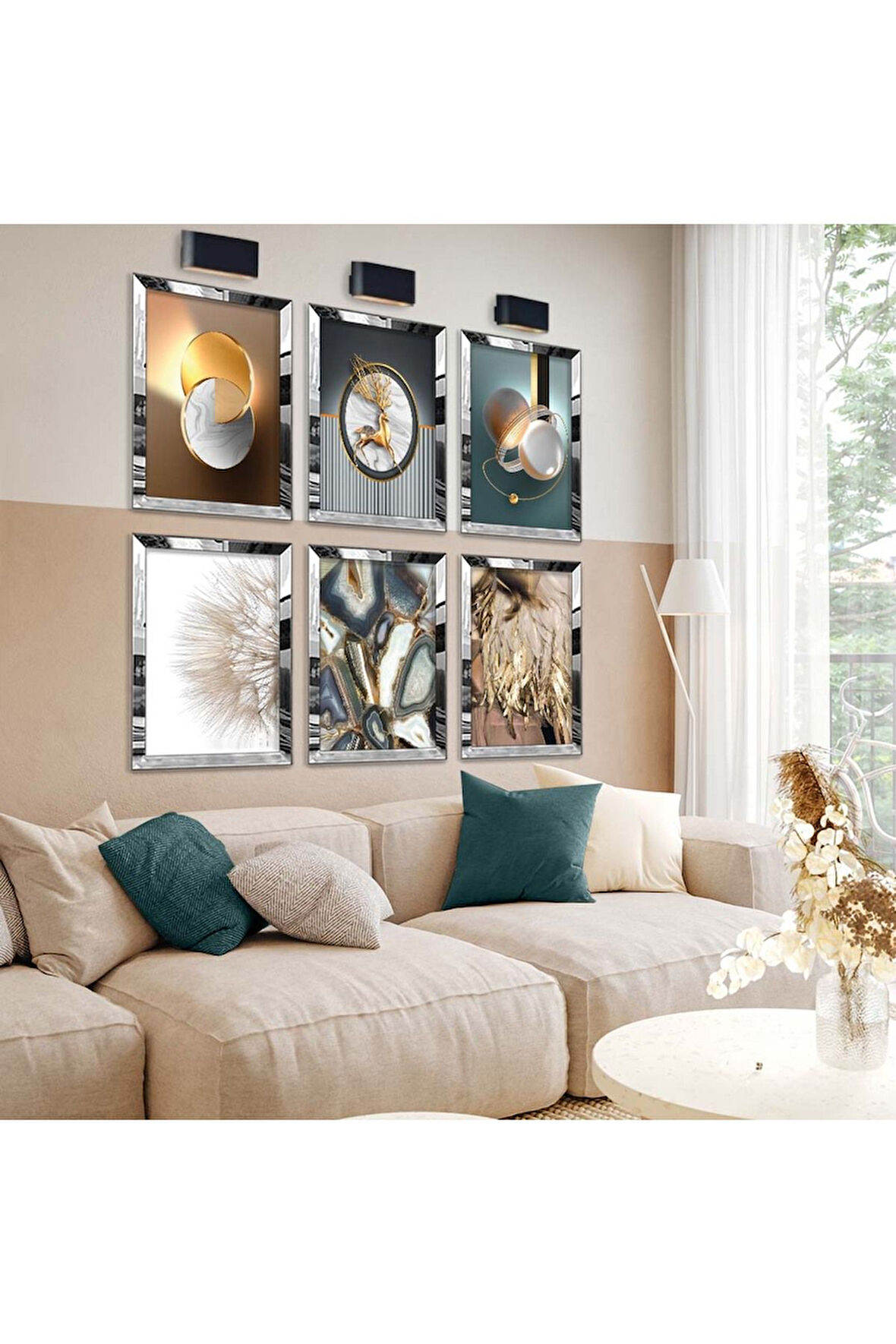 Gümüş Aynalı Pleksi Çerçeveli Modern Çizim Altılı Mdf Tablo Seti