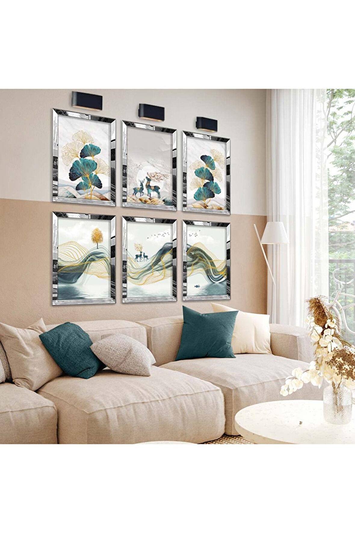 Gümüş Aynalı Pleksi Çerçeveli Modern Çizim Doğa Tema Altılı Mdf Tablo Seti