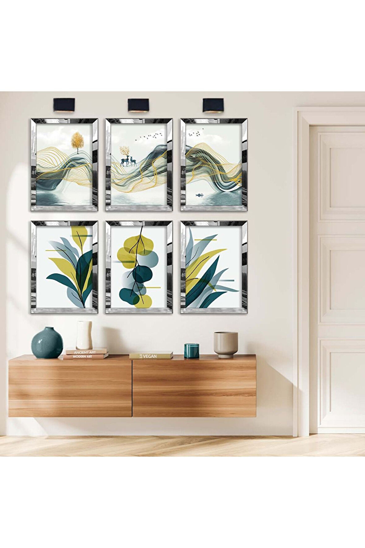 Gold Aynalı Pleksi Çerçeveli Modern Çizim Doğa Tema Altılı Mdf Tablo Seti