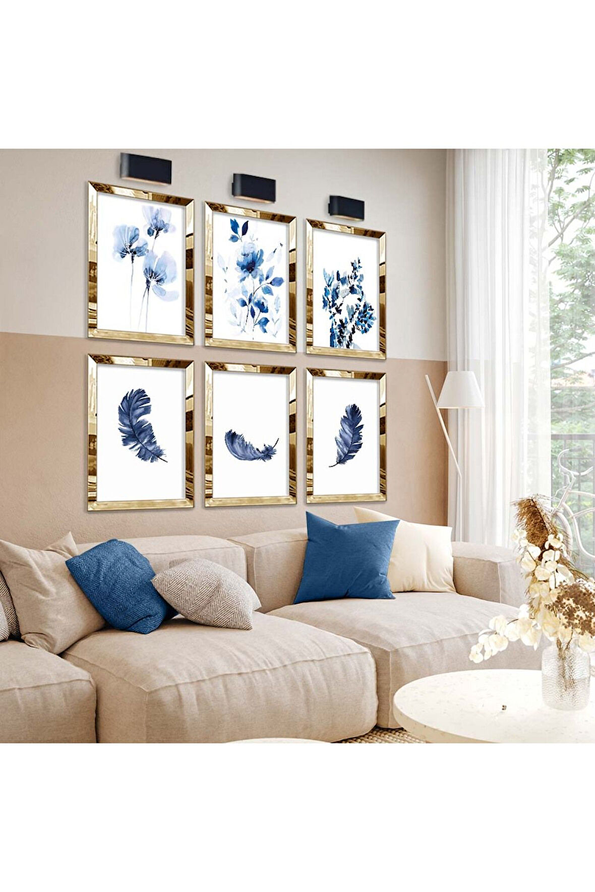 Gold Aynalı Pleksi Çerçeveli Mavi Tüy Ve Geometrik Desen Altılı Mdf Tablo Seti