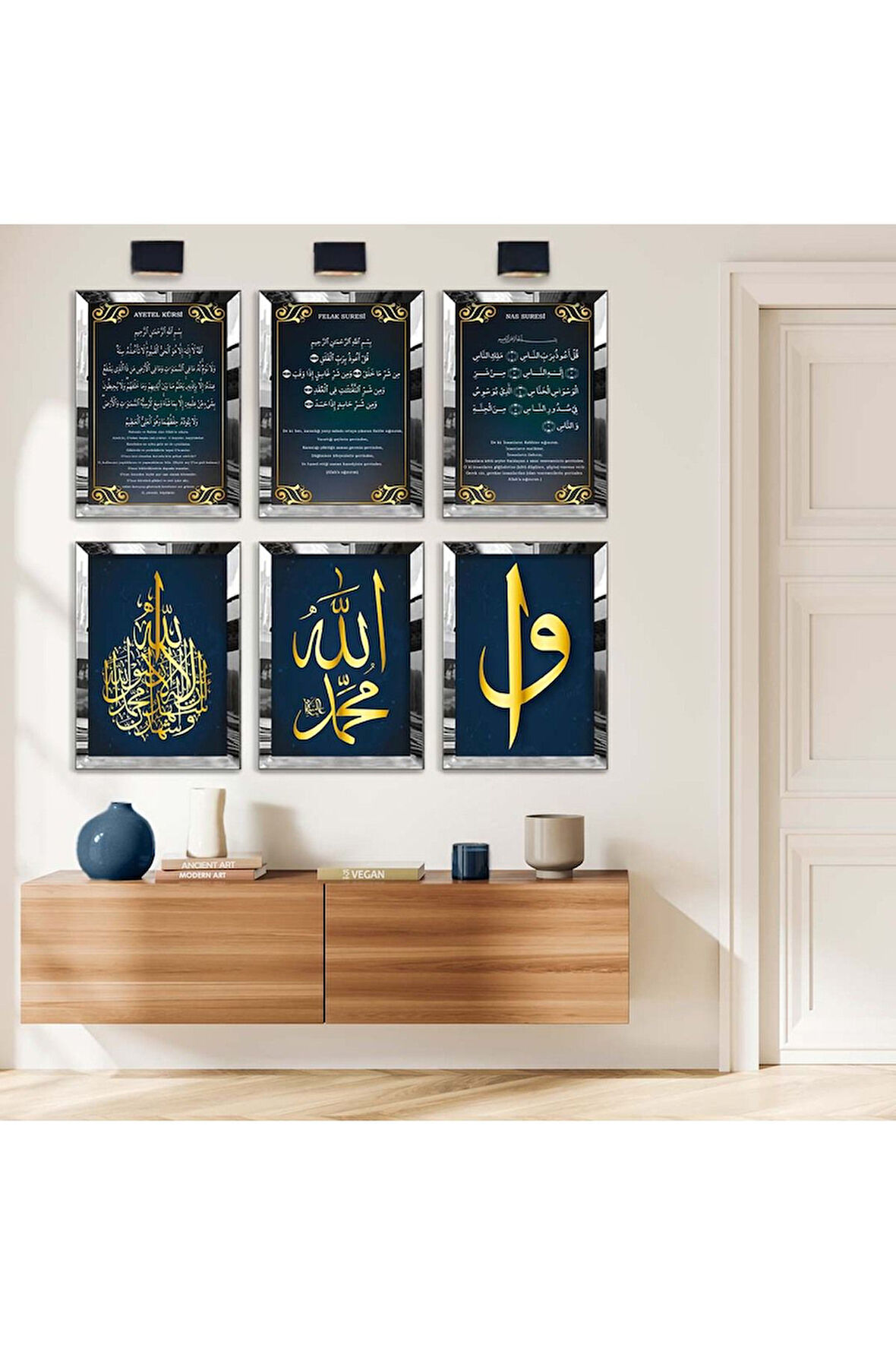 Gold Aynalı Pleksi Çerçeveli Ayetel Kürsi Felak Nas Dini Model Altılı Mdf Tablo Seti