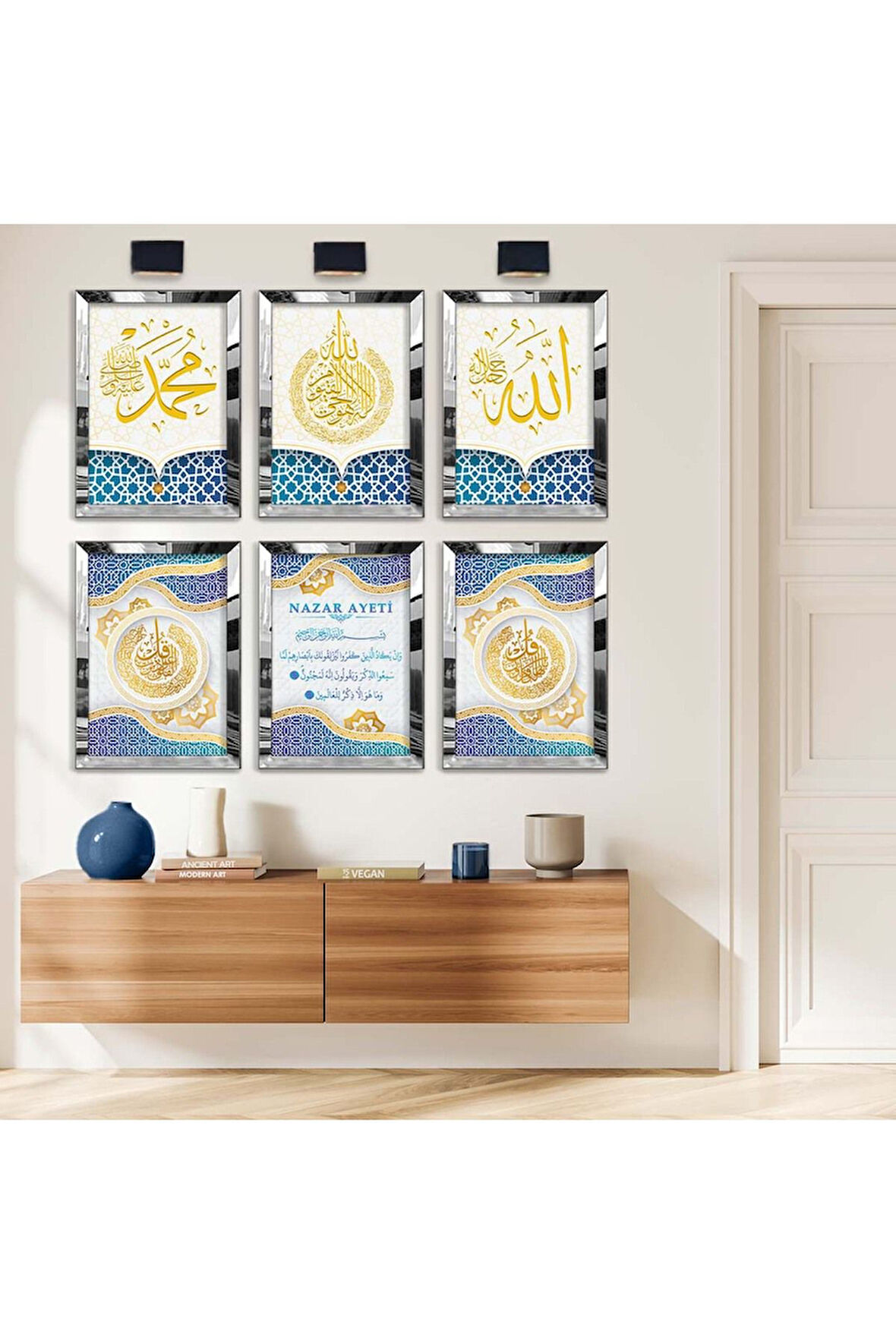 Gold Aynalı Pleksi Çerçeveli Nazar Ayeti Dini Model Altılı Mdf Tablo Seti