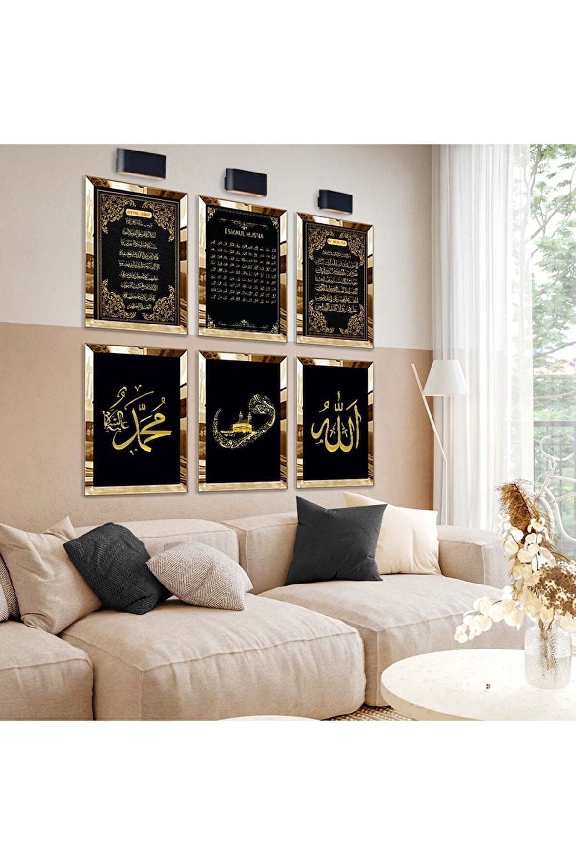 Gold Aynalı Pleksi Çerçeveli Kabe Ve Ayetel Kürsi Dini Model Altılı Mdf Tablo Seti