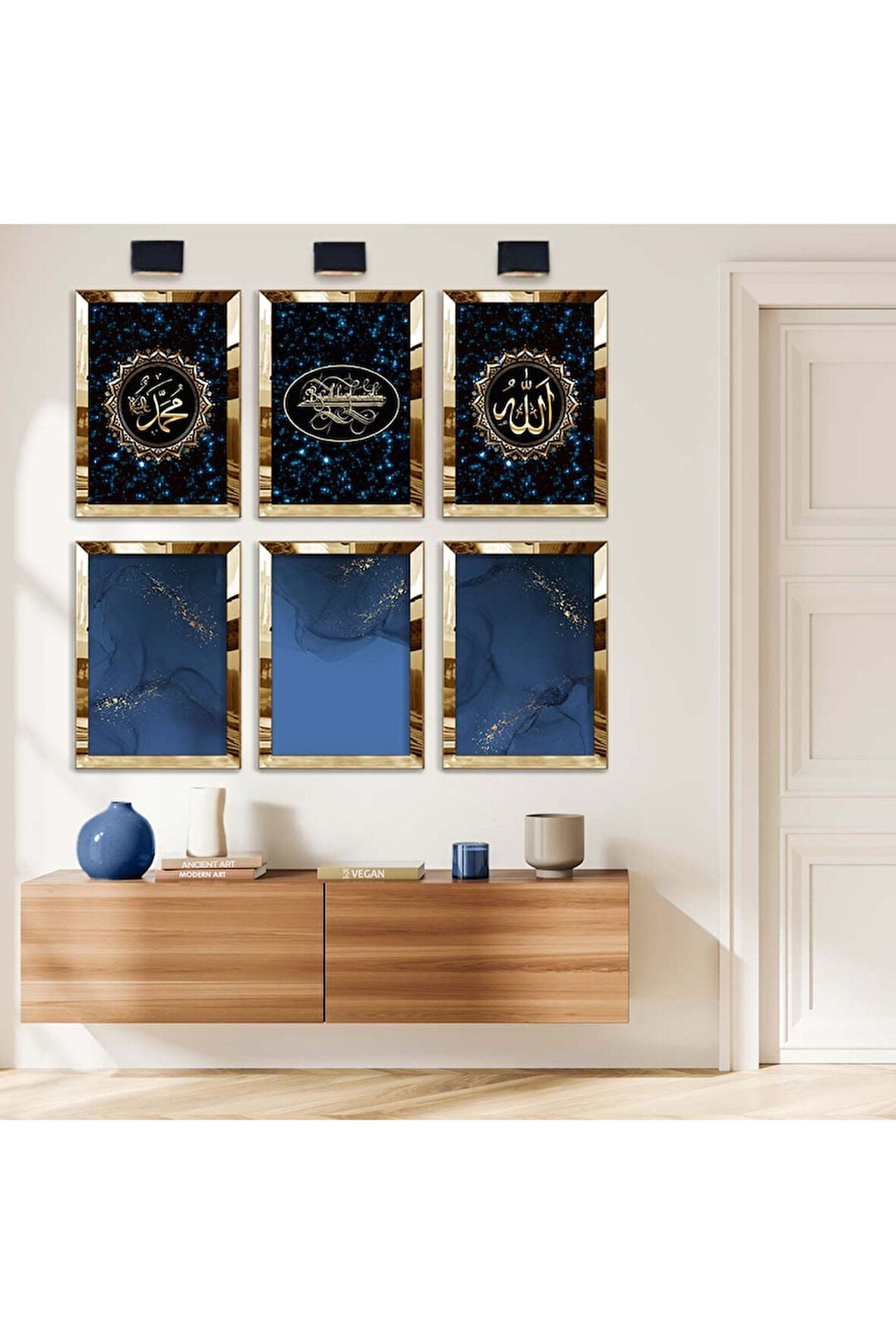 Gümüş Aynalı Pleksi Çerçeveli Mavi Besmele Dini Model Altılı Mdf Tablo Seti